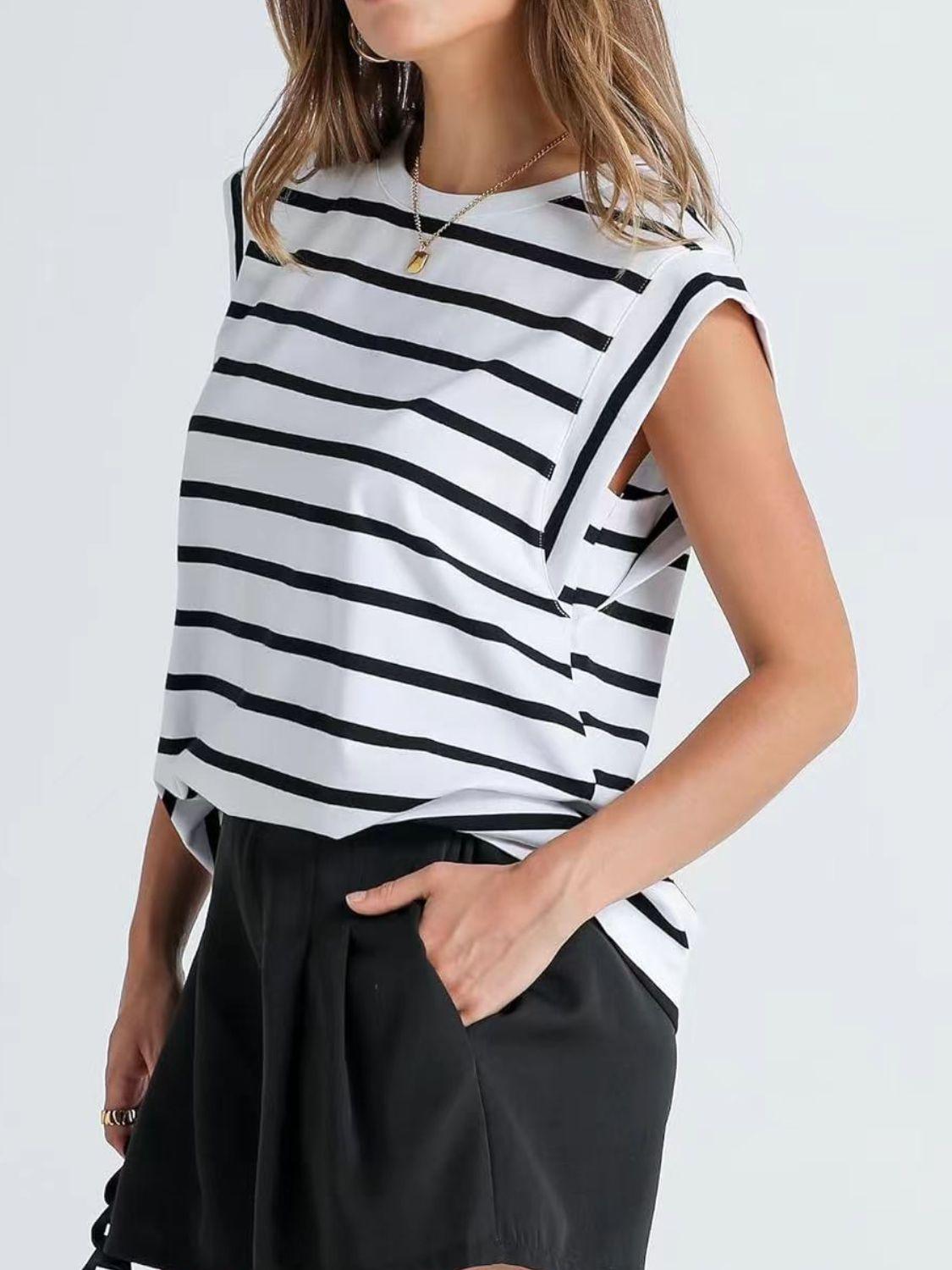 Florira Striped Round Neck Cap Sleeve T-Shirt