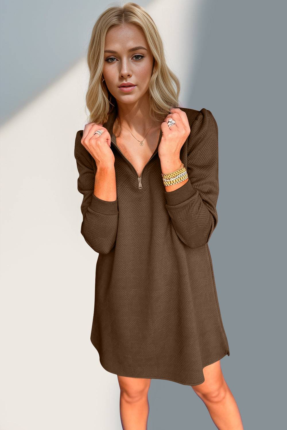 Double Take Textured Quarter Zip Long Sleeve Dress - Clothes For Her Online Store