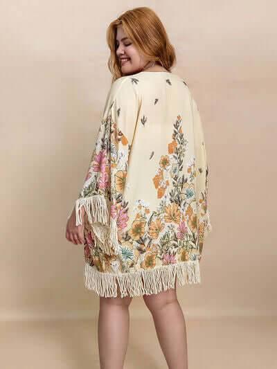 Plus Size Fringe Printed Open Front Cardigan