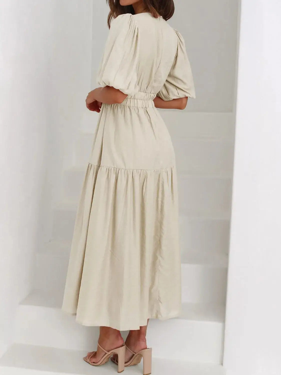 V-Neck Puff Sleeve Midi Dress - Clothes For Her Online Store