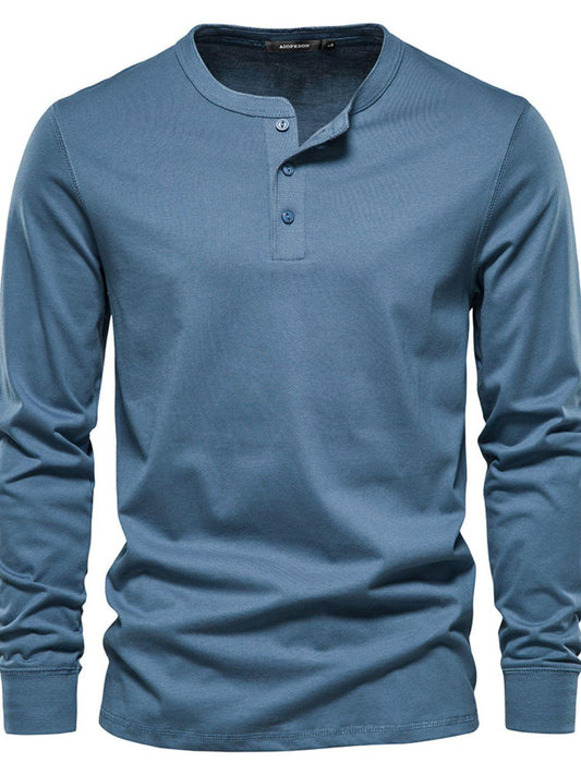 Men's Full Size Quarter Button Round Neck Long Sleeve T-Shirt Plus Size - Clothes For Her Online Store