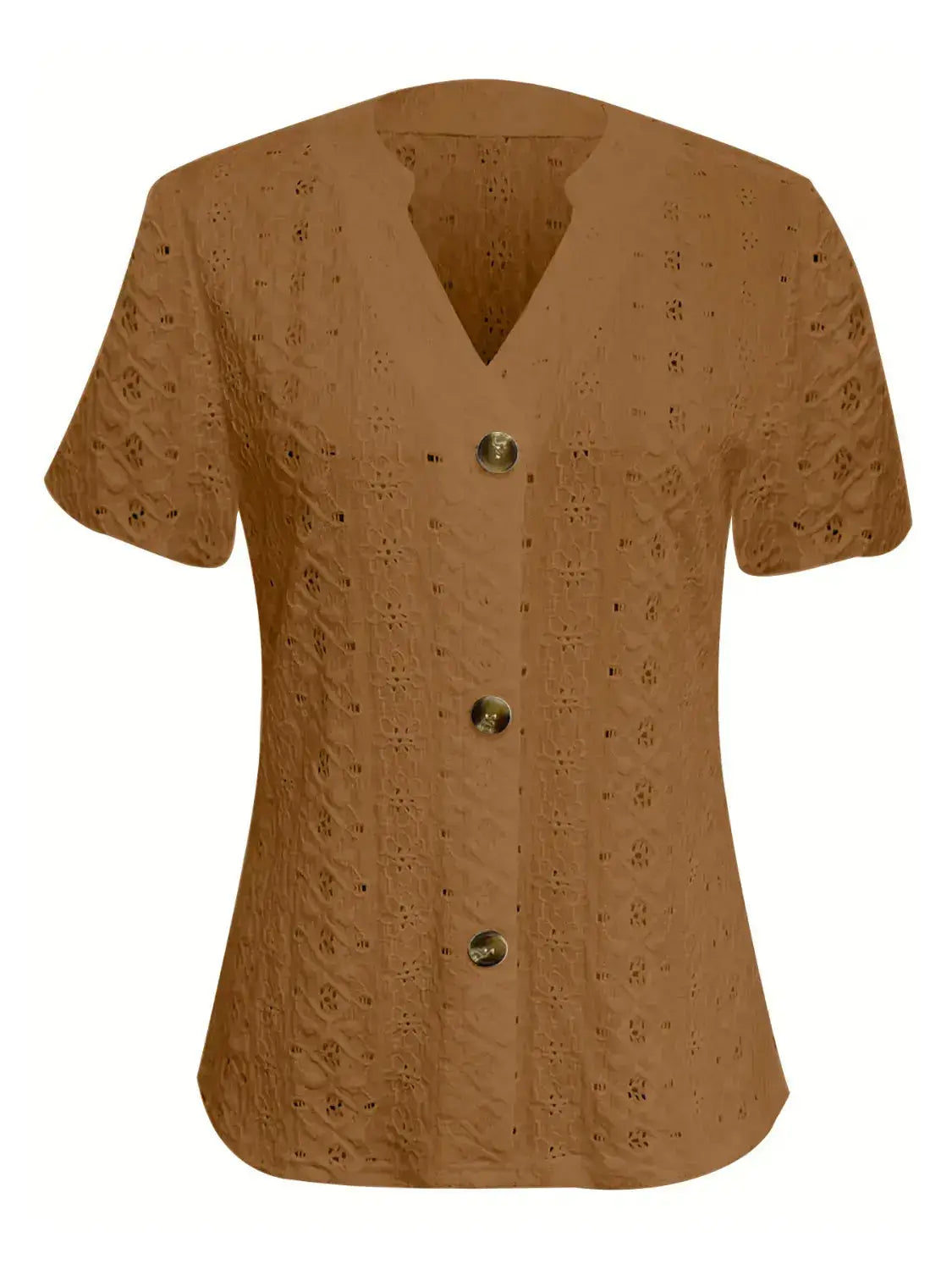 Openwork Notched Short Sleeve Top - Clothes For Her Online Store