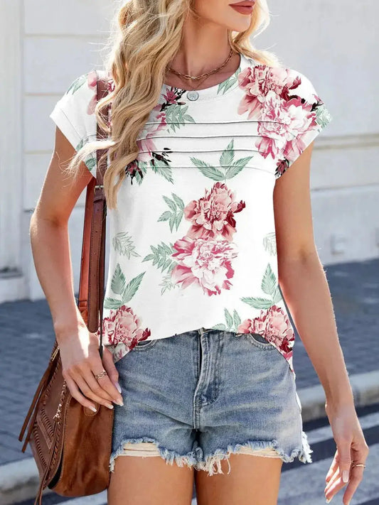 Printed Round Neck Cap Sleeve Top - Clothes For Her Online Store