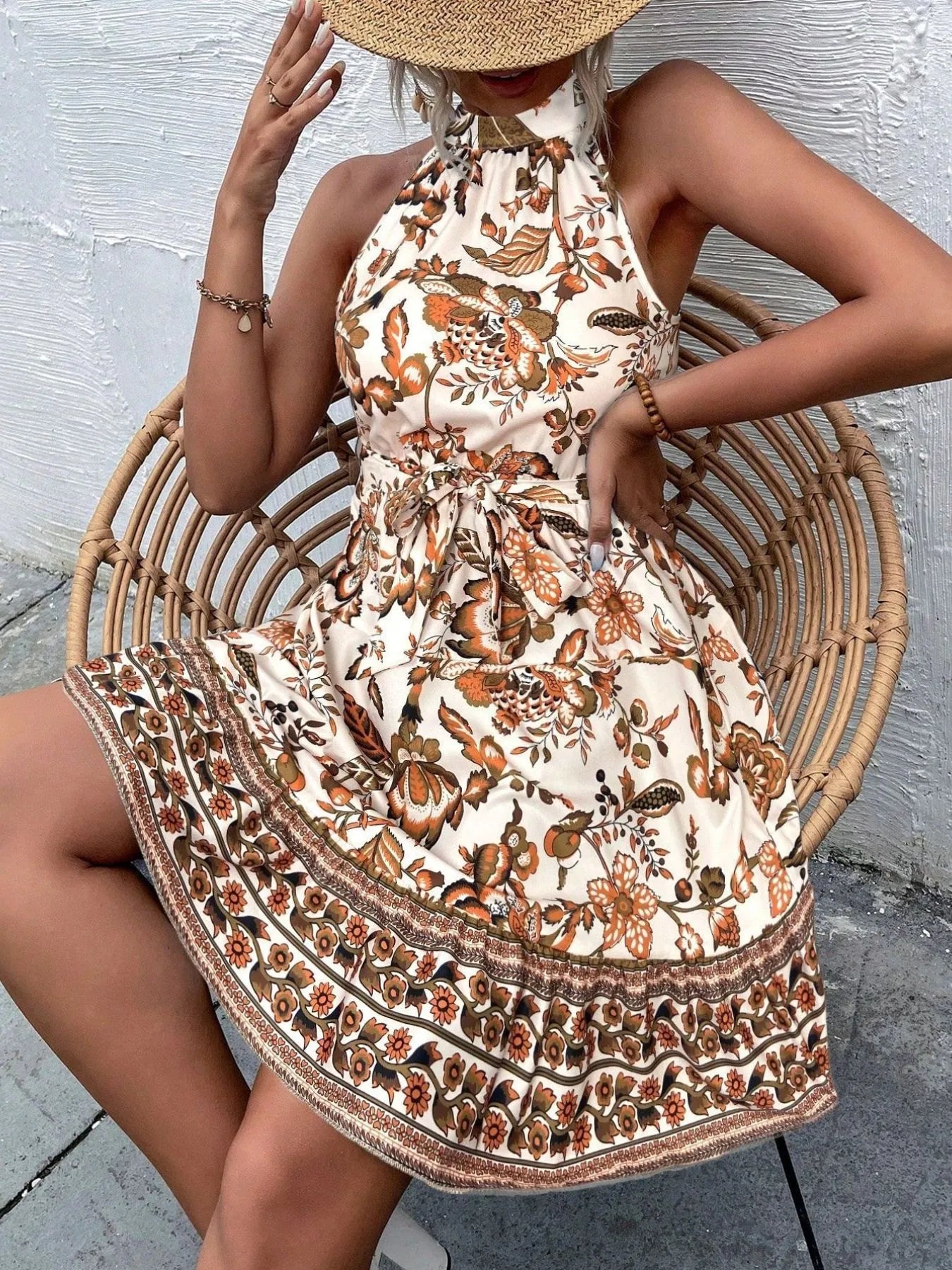 Floral Halter Neck Summer Dress with Belt