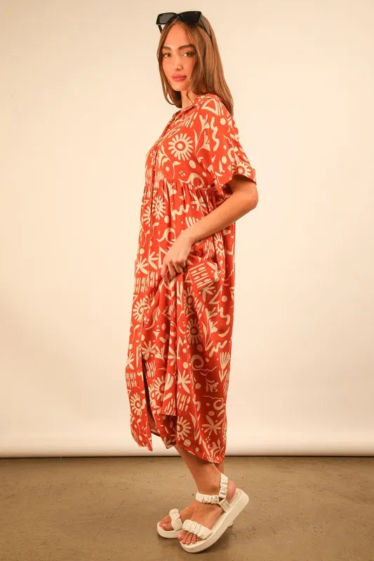 VERY J Full Size Oversized Printed Shirt Midi Dress Plus Size