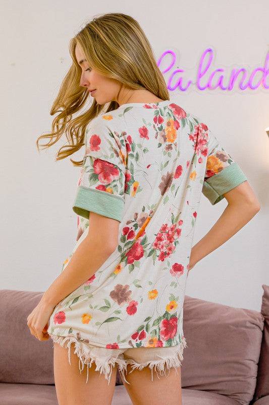 BiBi Floral Button Detail Round Neck Short Sleeve Terry T-Shirt - Clothes For Her Online Store