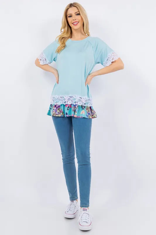 Celeste Full Size Lace Trim Short Sleeve Top Plus Size