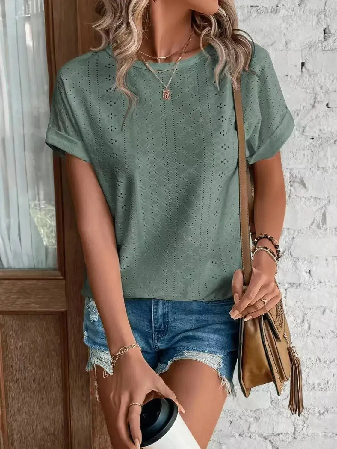 Eyelet Round Neck Short Sleeve T-Shirt - Clothes For Her Online Store