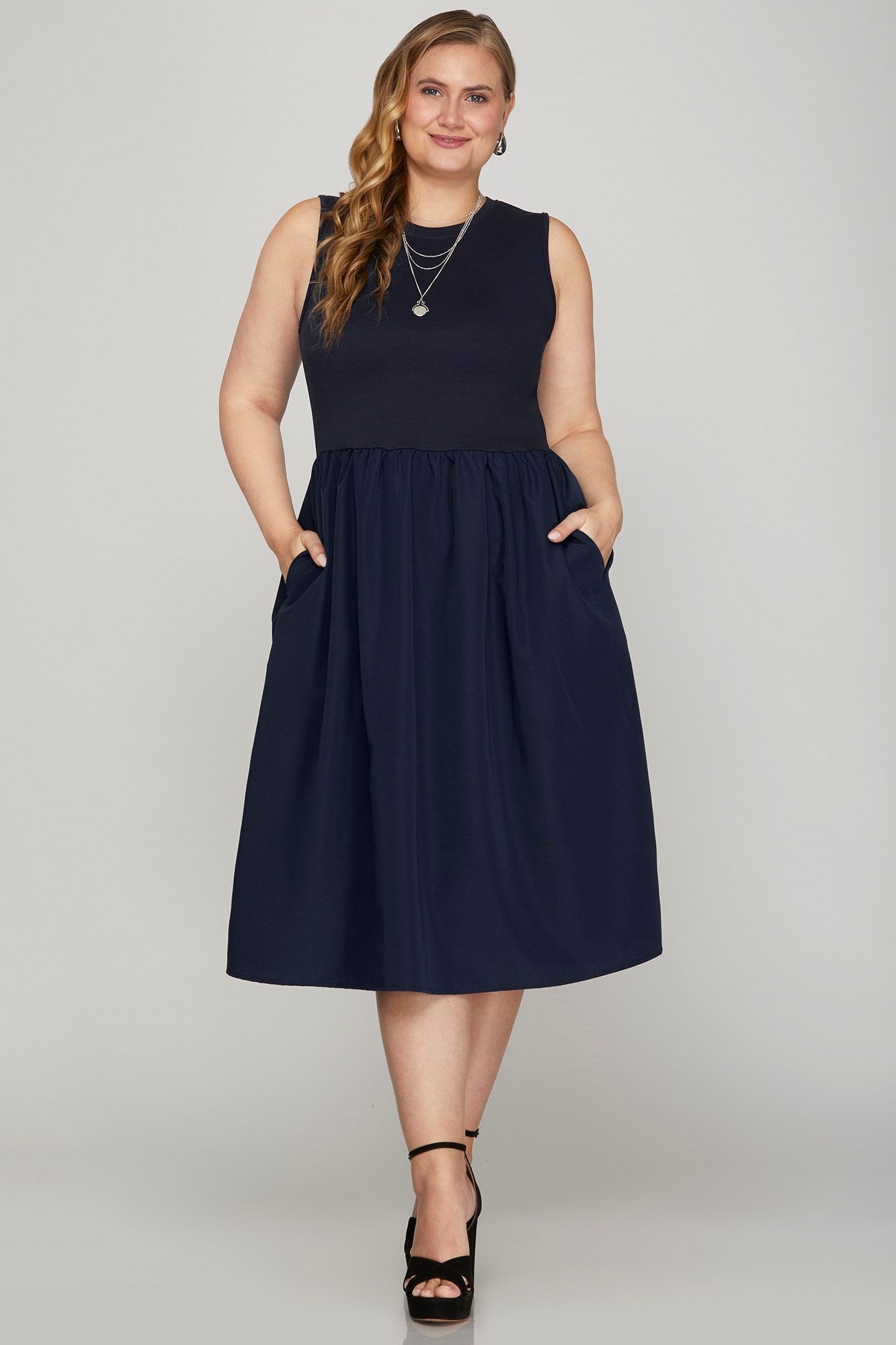 She + Sky Full Size Sleeveless Poplin Woven Midi Dress with Pockets Plus Size - Clothes For Her Online Store