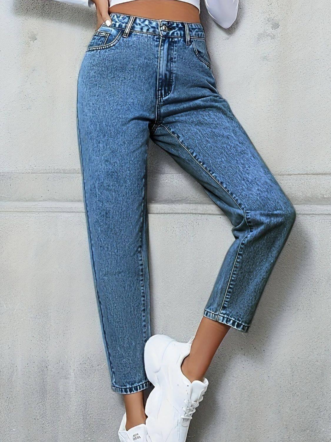 Pocketed Straight Leg Jeans - Clothes For Her Online Store