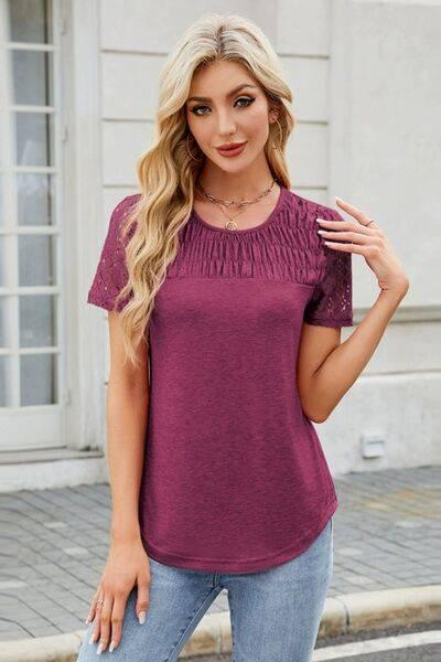 Smocked Round Neck Short Sleeve T-Shirt