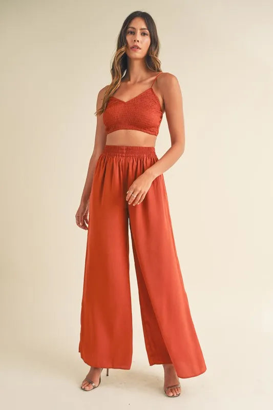 MABLE Smocked Bralette Crop Top and Wide Leg Pants Set - Clothes For Her Online Store