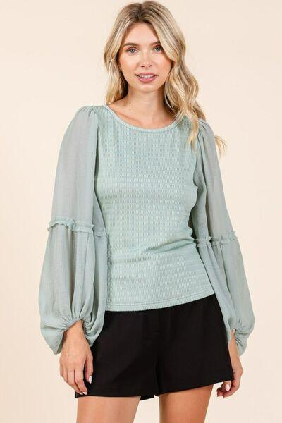 Mittoshop Mixed Media Textured Knit Chiffon Long Sleeve Top - Clothes For Her Online Store