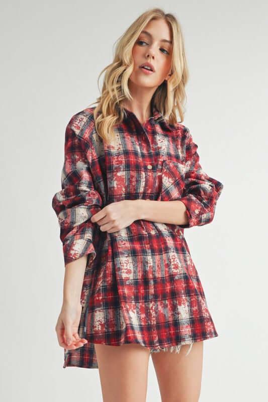 Aemi + Co Washed Plaid Button Up Raglan Sleeve Flannel Shirt