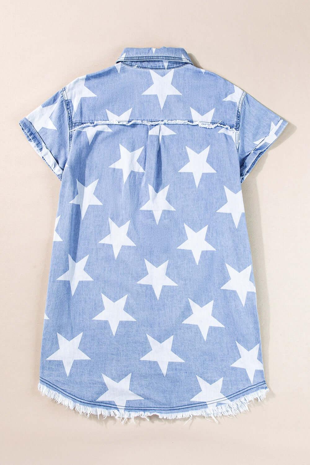 Stars Frayed Hem Collared Short Sleeve Denim Dress