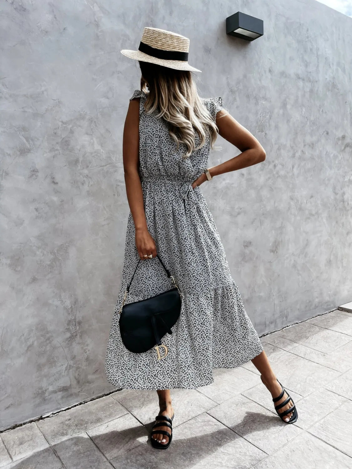 Ruffled Surplice Printed Cap Sleeve Dress