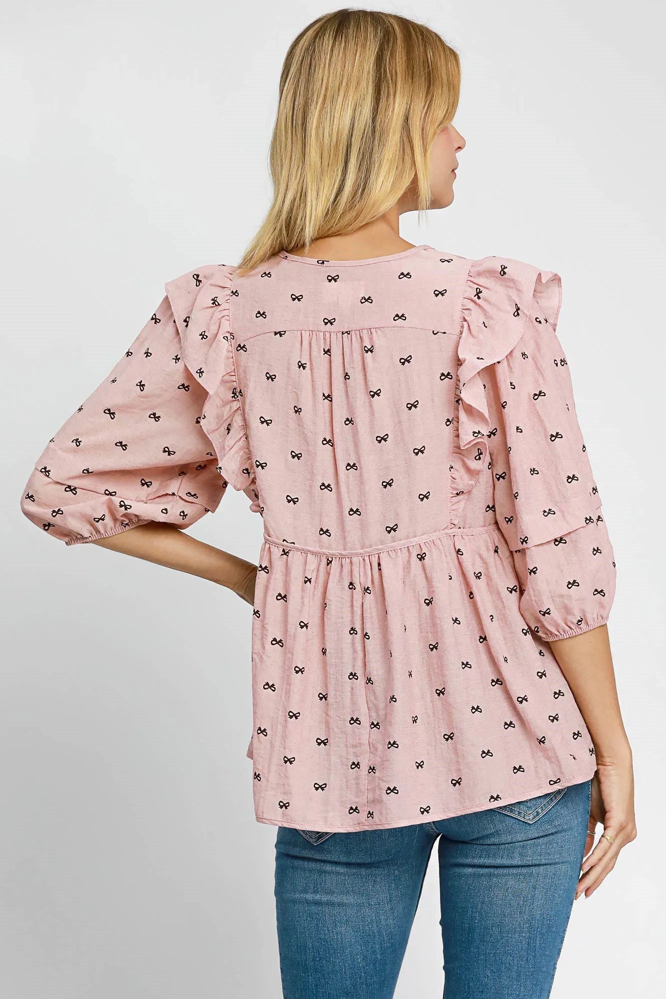 Umgee Full Size Ruffled Bow Print Tie Neck Peplum Blouse Plus Size