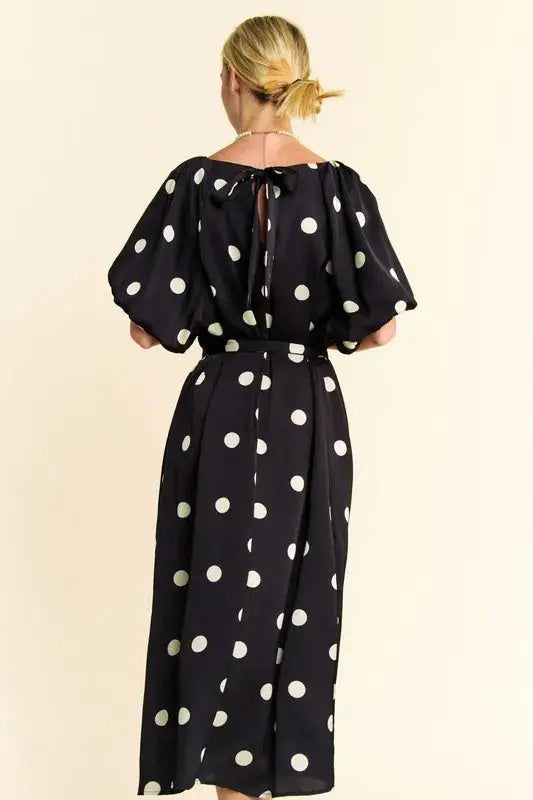Davi & Dani Polka Dot Puff Sleeves Waist Tie Midi Dress - Clothes For Her Online Store