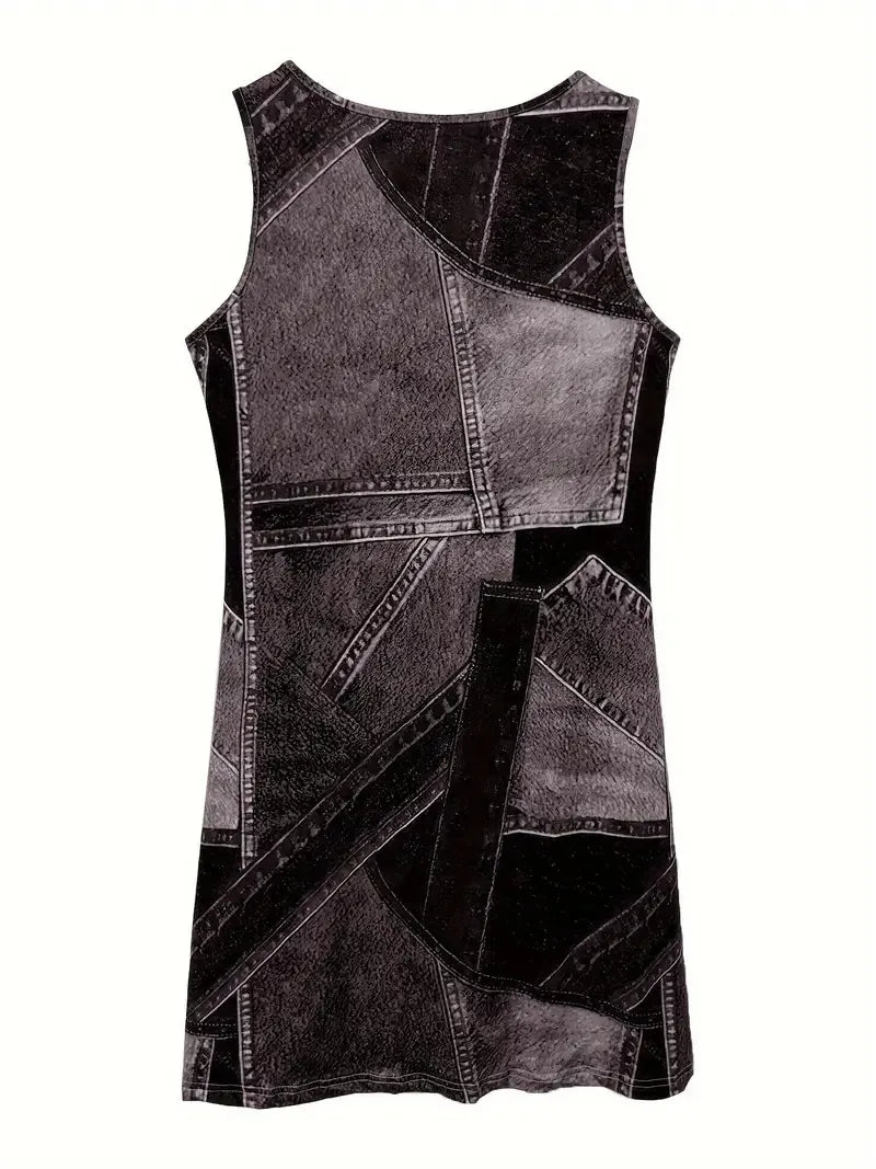 Patchwork Scoop Neck Denim Tank Dress