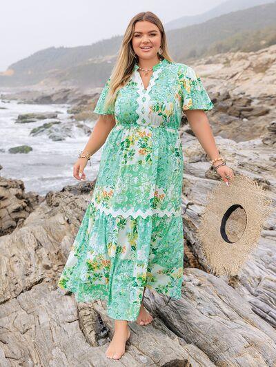 Plus Size Printed Notched Short Sleeve Maxi Dress