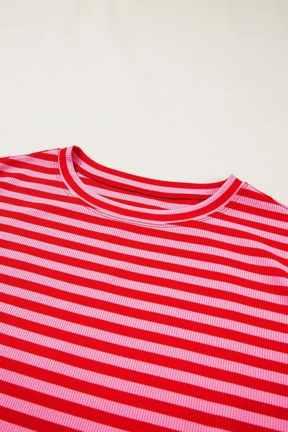 Stripe Ribbed Cap Sleeve Round Neck T Shirt