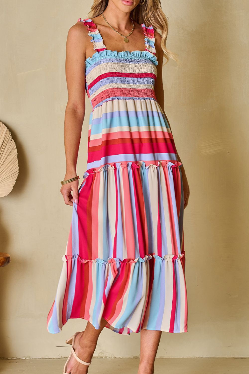 Contrast Stripe Wide Strap Smocked Tiered Dress