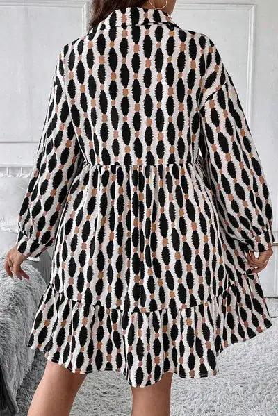 Plus Size Printed Johnny Collar Long Sleeve Dress - Clothes For Her Online Store