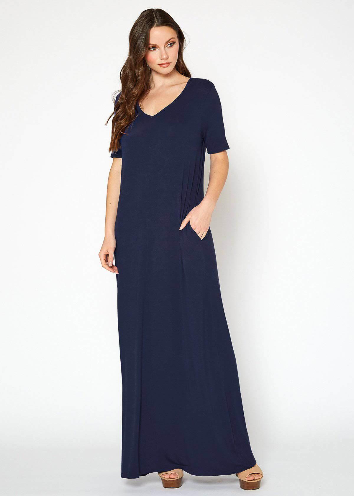 V-neck Short Sleeve Maxi Dress With Pockets