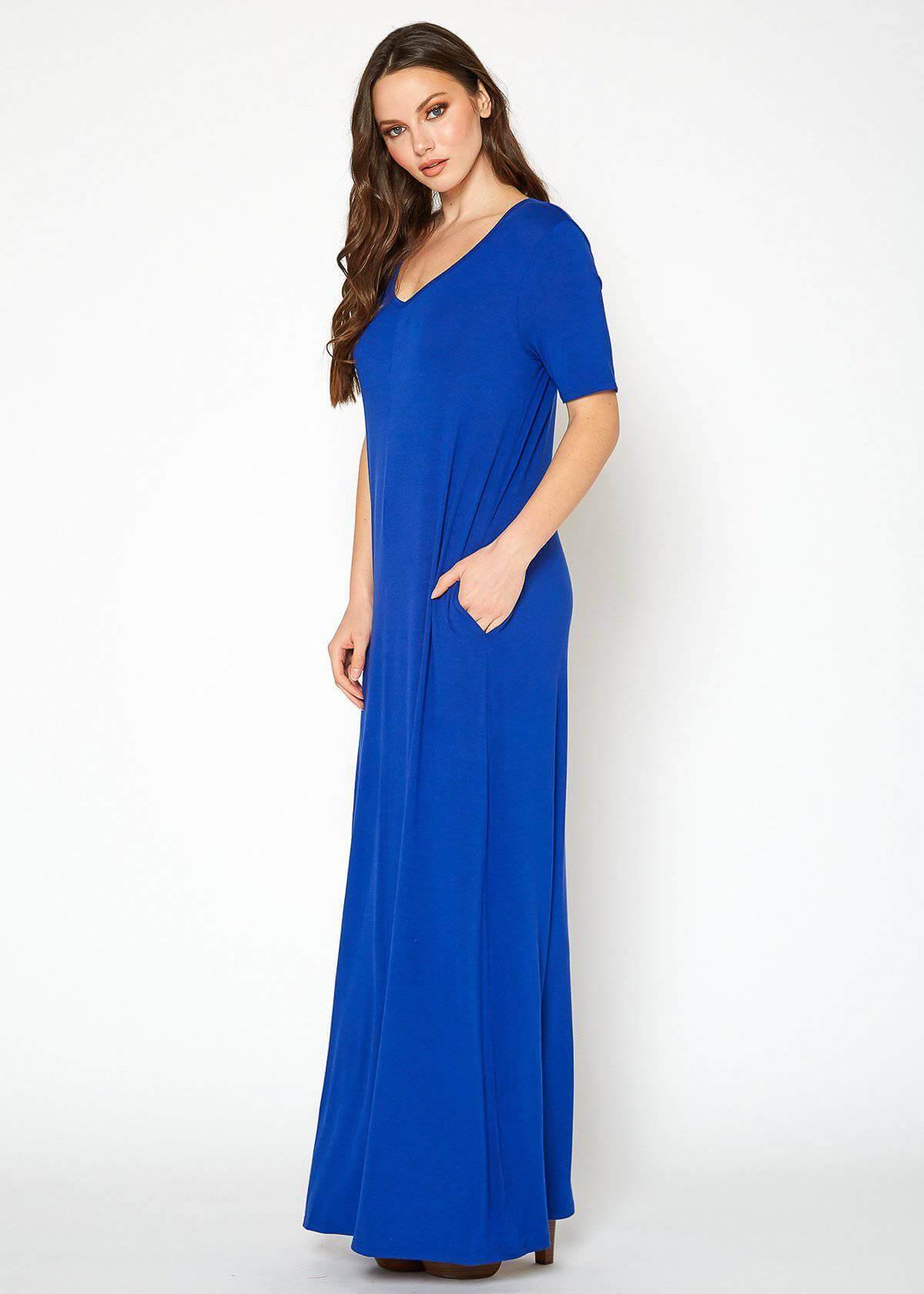 V-neck Short Sleeve Maxi Dress With Pockets