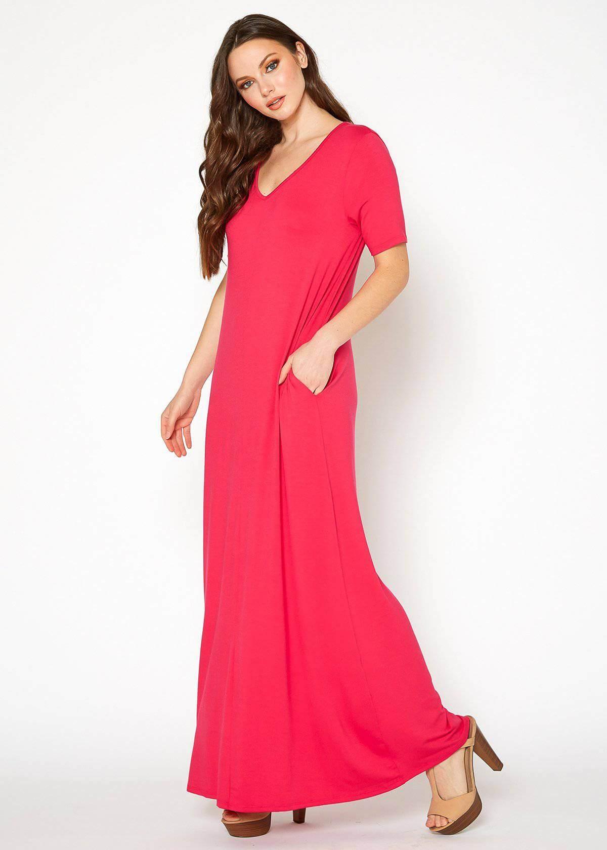 V-neck Short Sleeve Maxi Dress With Pockets