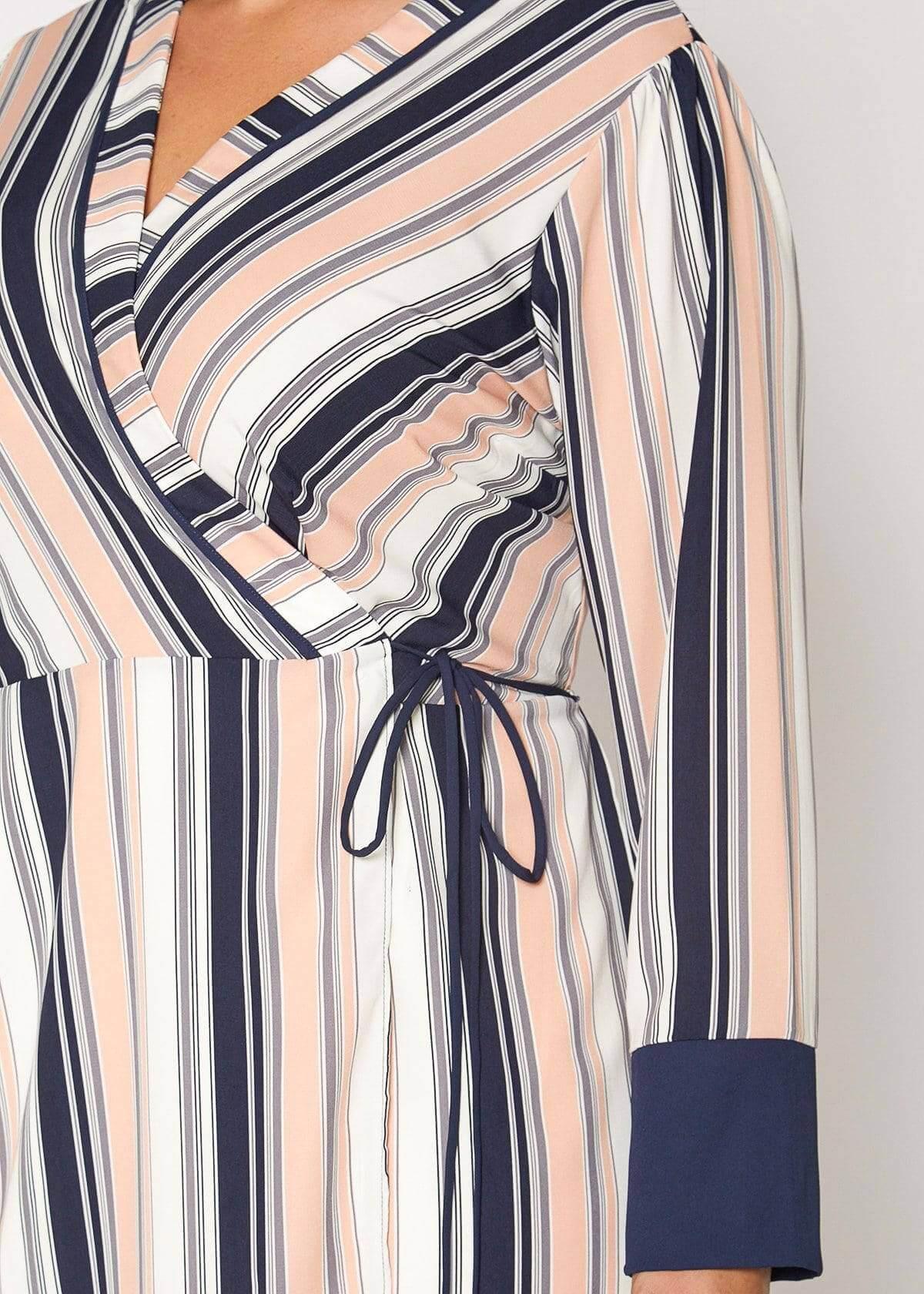 Women's Printed Wrap Dress With Cuff Binding in Multi Stripe