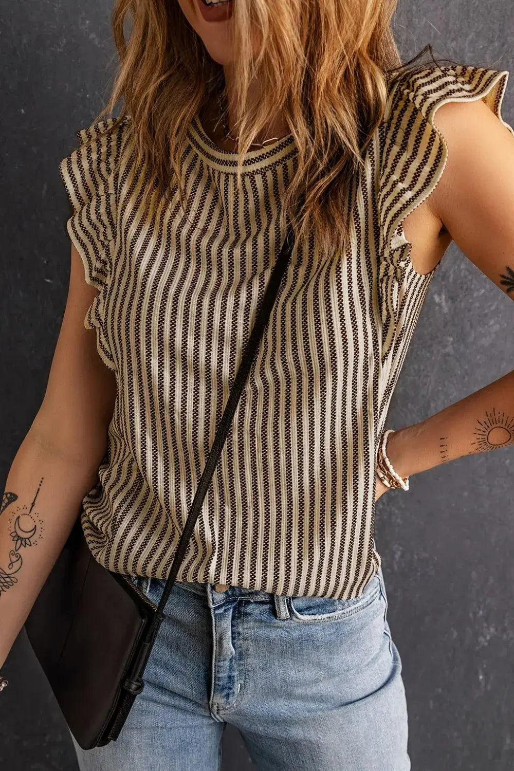 Ruffled Striped Round Neck Blouse