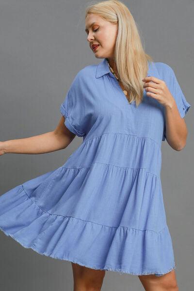 Umgee Full Size Raw Hem Folded Sleeve Tiered Dress Plus Size