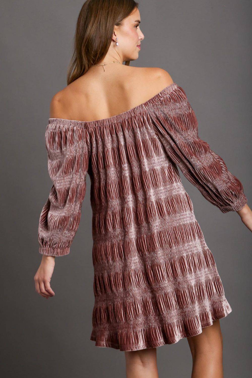 Umgee Off-Shoulder Balloon Sleeve Velvet Mini Dress - Clothes For Her Online Store