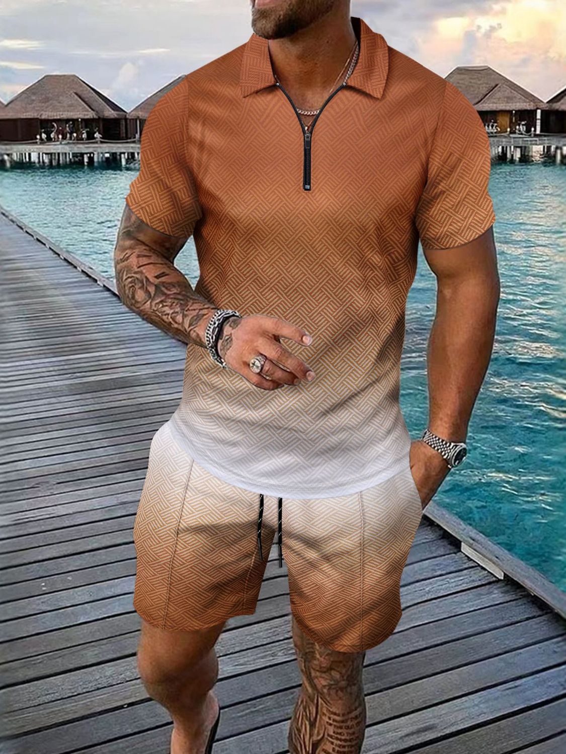 Men's Full Size Gradient Collared Neck Top and Shorts Set Plus Size - Clothes For Her Online Store
