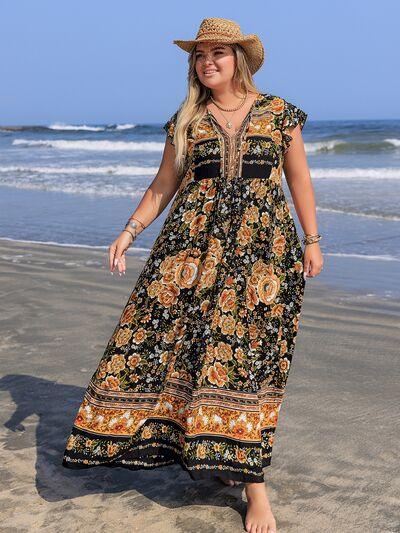 Plus Size Printed V-Neck Ruffle Cap Sleeve Maxi Dress