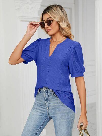 Florira Eyelet Notched Short Sleeve T-Shirt