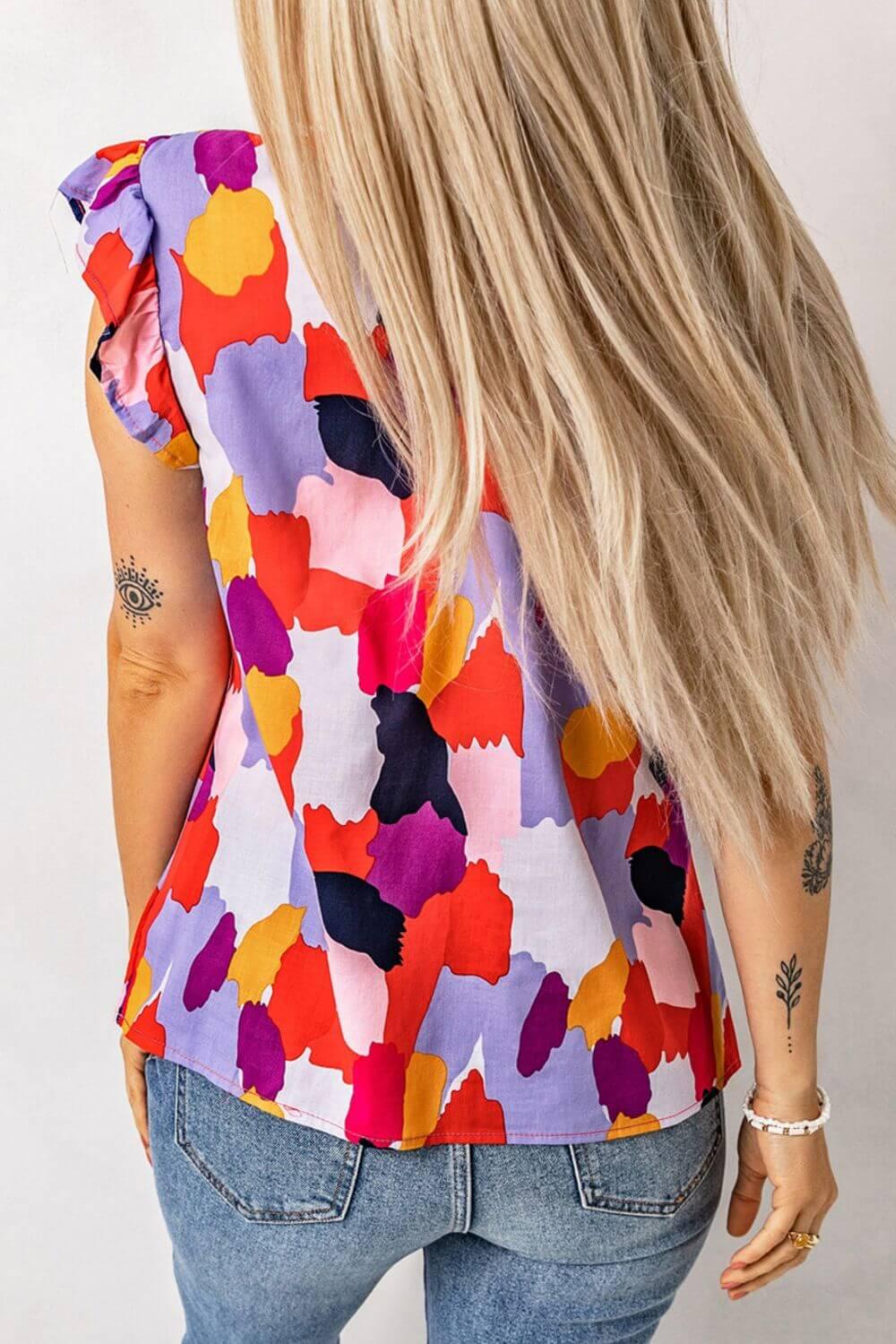 Frill Printed Mock Neck Cap Sleeve Blouse