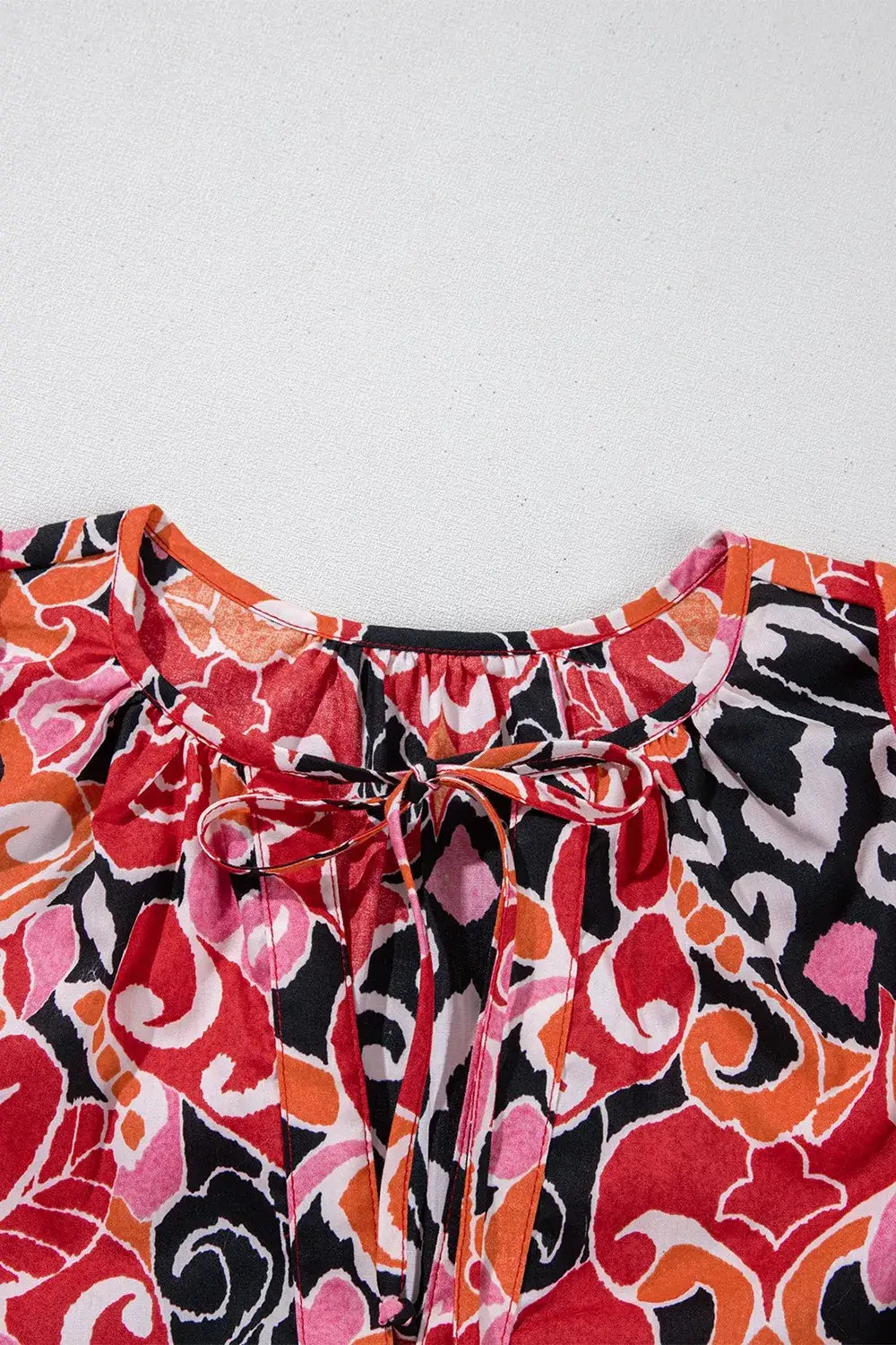 Ethnic Print Split Neck Short Puff Sleeve Blouse