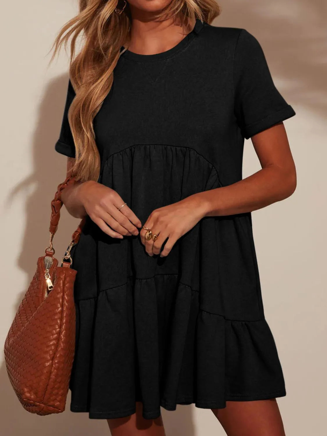 Tiered Round Neck Short Sleeve Mini Dress