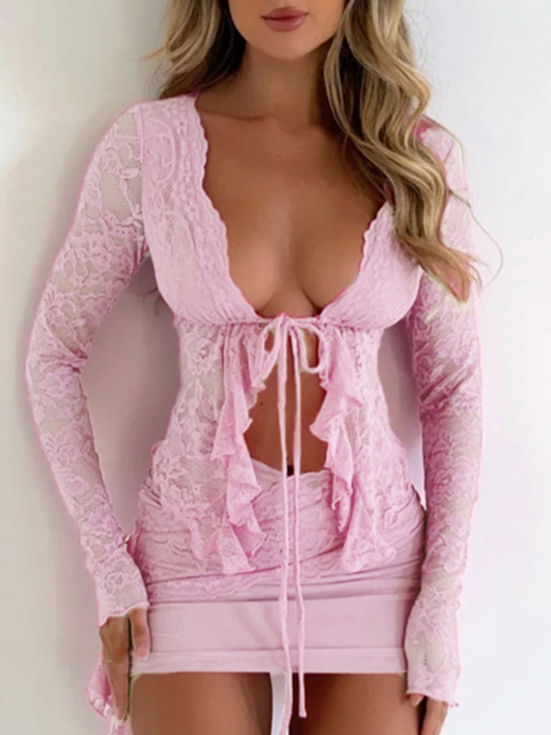 Devine Tied Front Ruffled Long Sleeve Lace Shirt