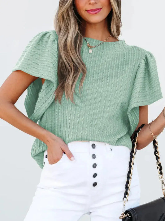 Round Neck Ruffle Sleeve Top - Clothes For Her Online Store