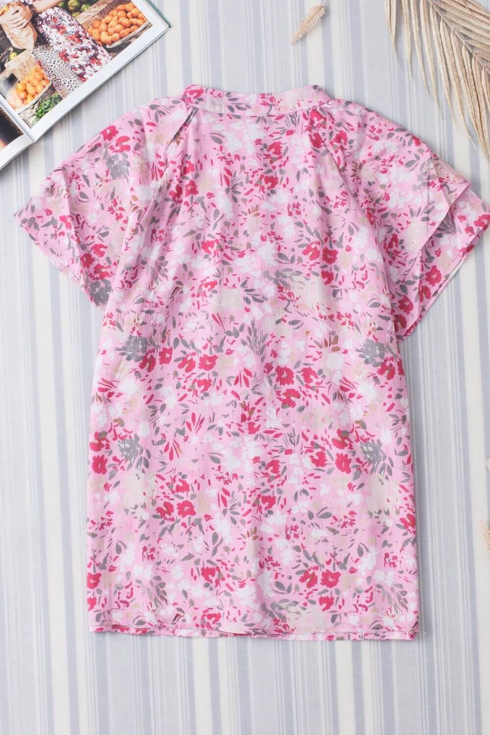 Floral Half Button Round Neck Short Sleeve Blouse