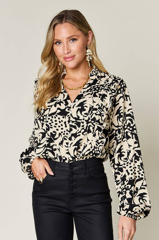 Double Take Full Size Printed Ruffle Trim Balloon Sleeve Shirt - Clothes For Her Online Store