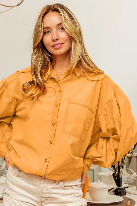 BiBi Vintage Washed Gathered Sleeve Oversized Shirt