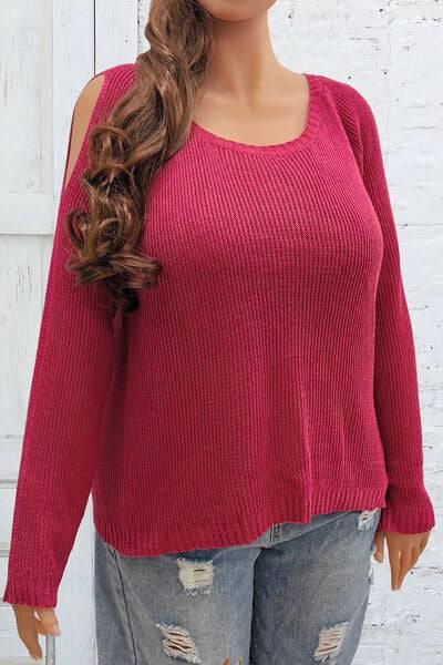 Plus Size Cold Shoulder Round Neck Sweater - Clothes For Her Online Store