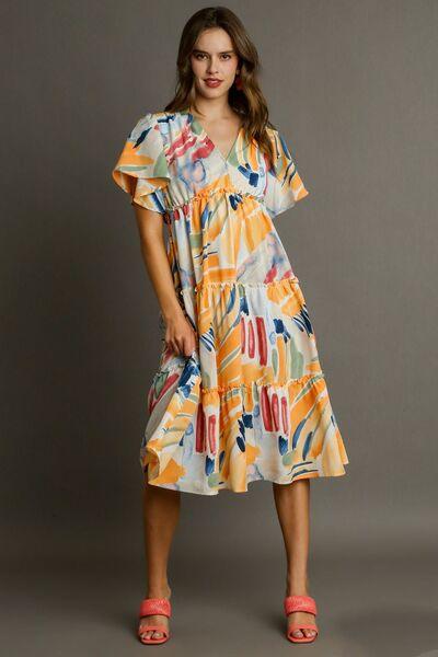 Umgee Full Size Abstract Print Flutter Sleeve Frill Tiered Midi Dress Plus Size