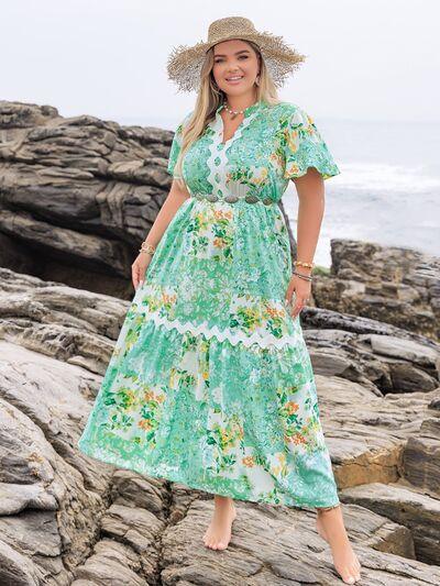 Plus Size Printed Notched Short Sleeve Maxi Dress