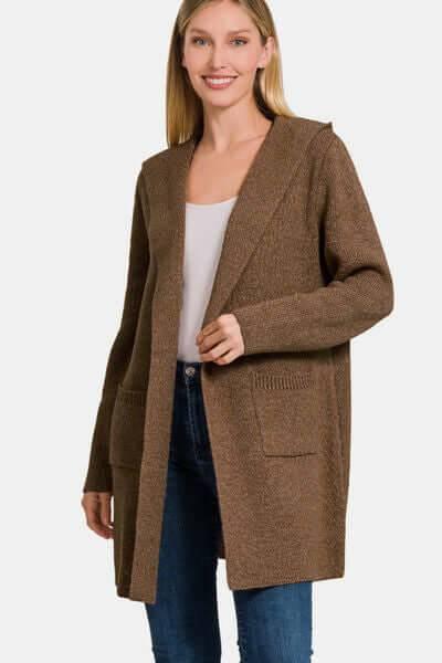 Zenana Hooded Open Front Sweater Cardigan - Clothes For Her Online Store