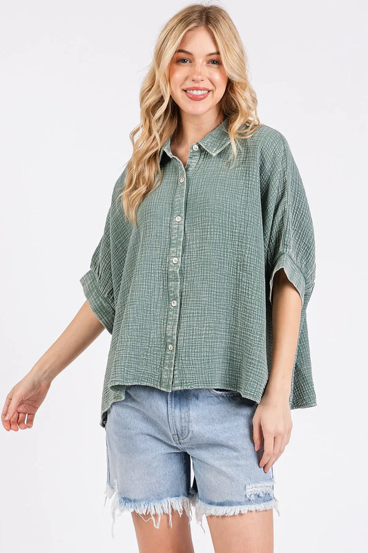 Mittoshop Mineral Wash Gauze Dolman Sleeve Button Down Shirt